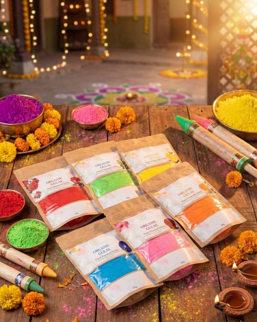 Organic Gulal Pack of 6 | 100% Natural, Herbal & Skin-Safe Holi Colors | Plant-Powered, Chemical-Free Color Powder (6 x 80g)