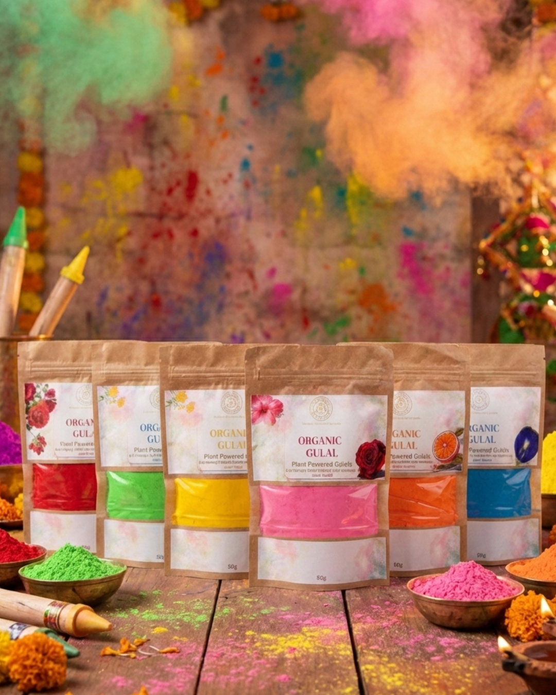 Organic Gulal Pack of 6 | 100% Natural, Herbal & Skin-Safe Holi Colors | Plant-Powered, Chemical-Free Color Powder (6 x 80g)
